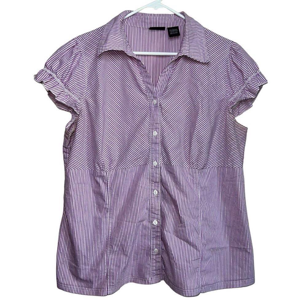 Torrid Lavender and White Thin Striped Cap ruffle Sleeved Button Down Blouse 2